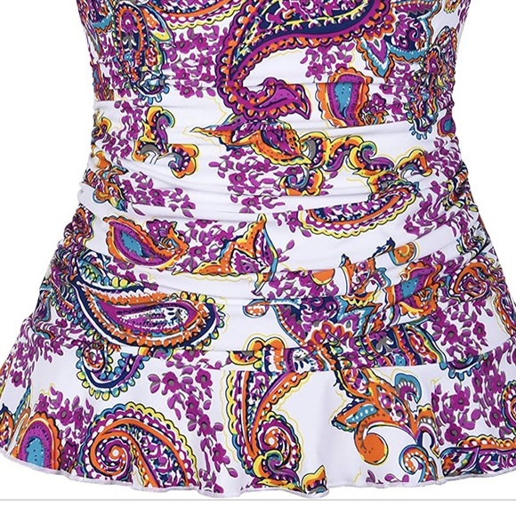 Hilor Women's 50's Retro Paisley Ruched Tankini Swimsuit Top with Ruffle Hem 22 - Picture 3 of 9